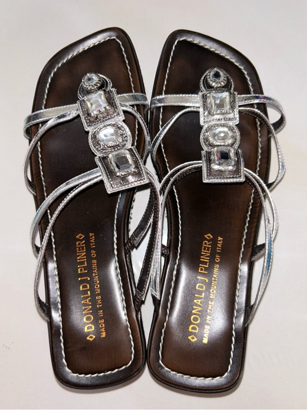 NWOB Donald J. Pliner Shyra Silver Jeweled Strappy Sandals with Square Toe
